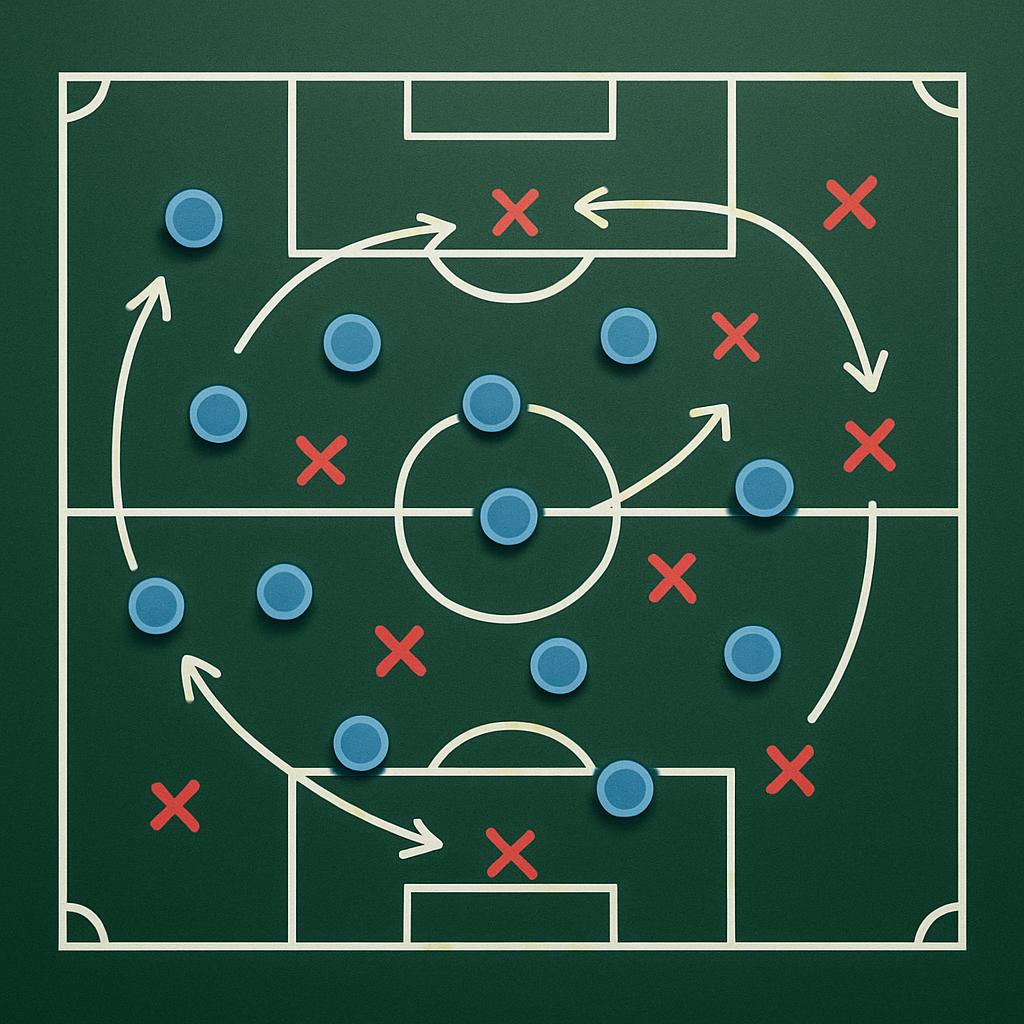 A green soccer ball field with a white grid, blue and red x marks, and white arrows around unclear objects.